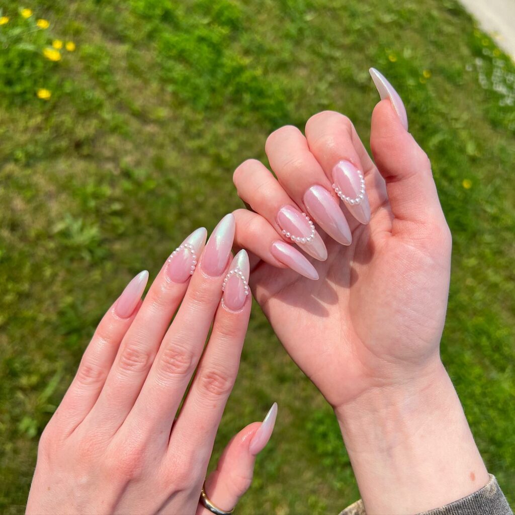 Glow with 20 Pearl White Nail Designs in 2024 17 Almond White Pearl Nails With Pearl Stones