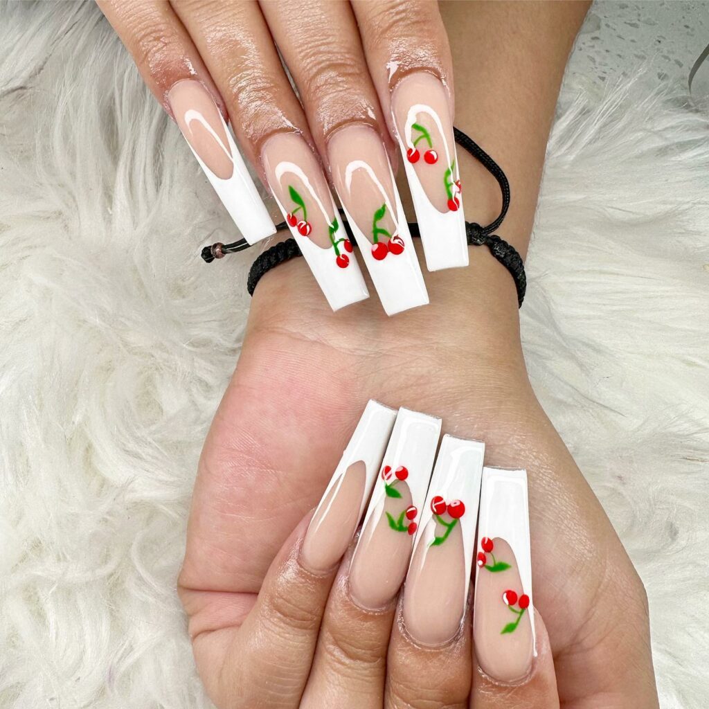 50 Latest V French Tip Coffin Nail Designs To Try In 2024! 55 French Tips with Cherries