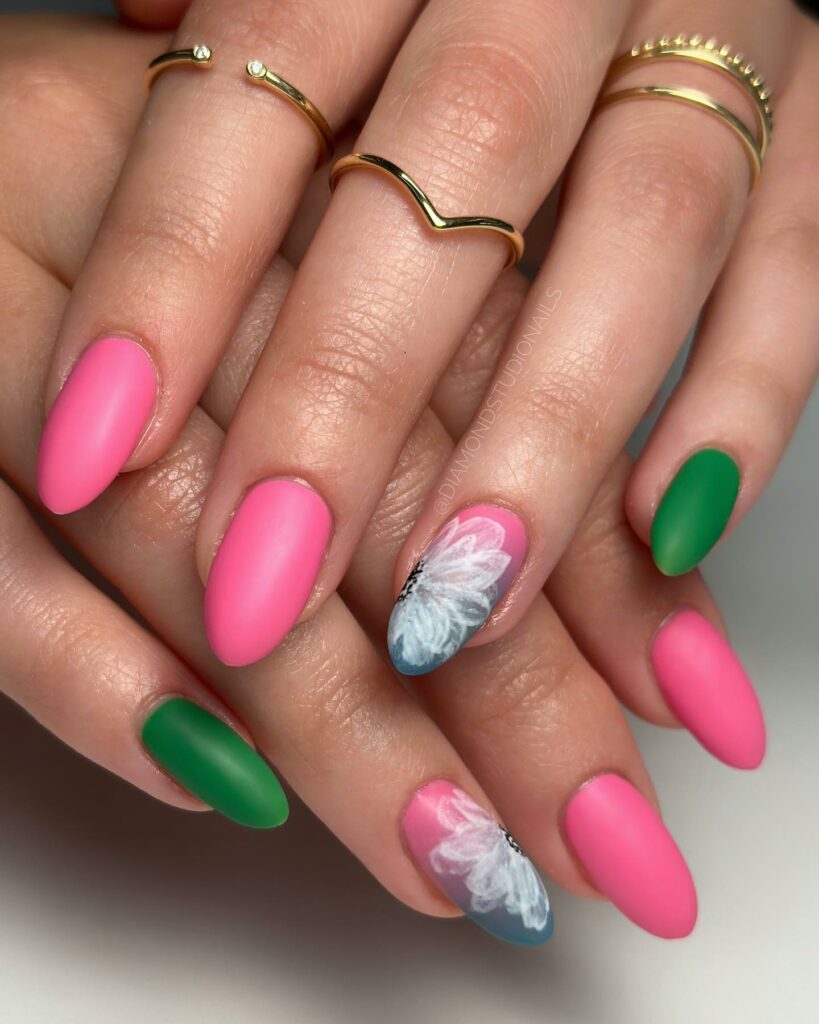20 Latest Pink And Green Nail Ideas To Try In 2024! 30 Pink And Green Matte Nails With Flower Design