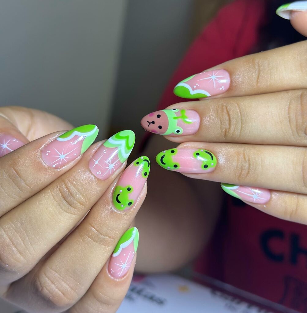 Hop into Fun with 20 Frog Nail Designs in 2024 15 Pink Almond Frog Nails