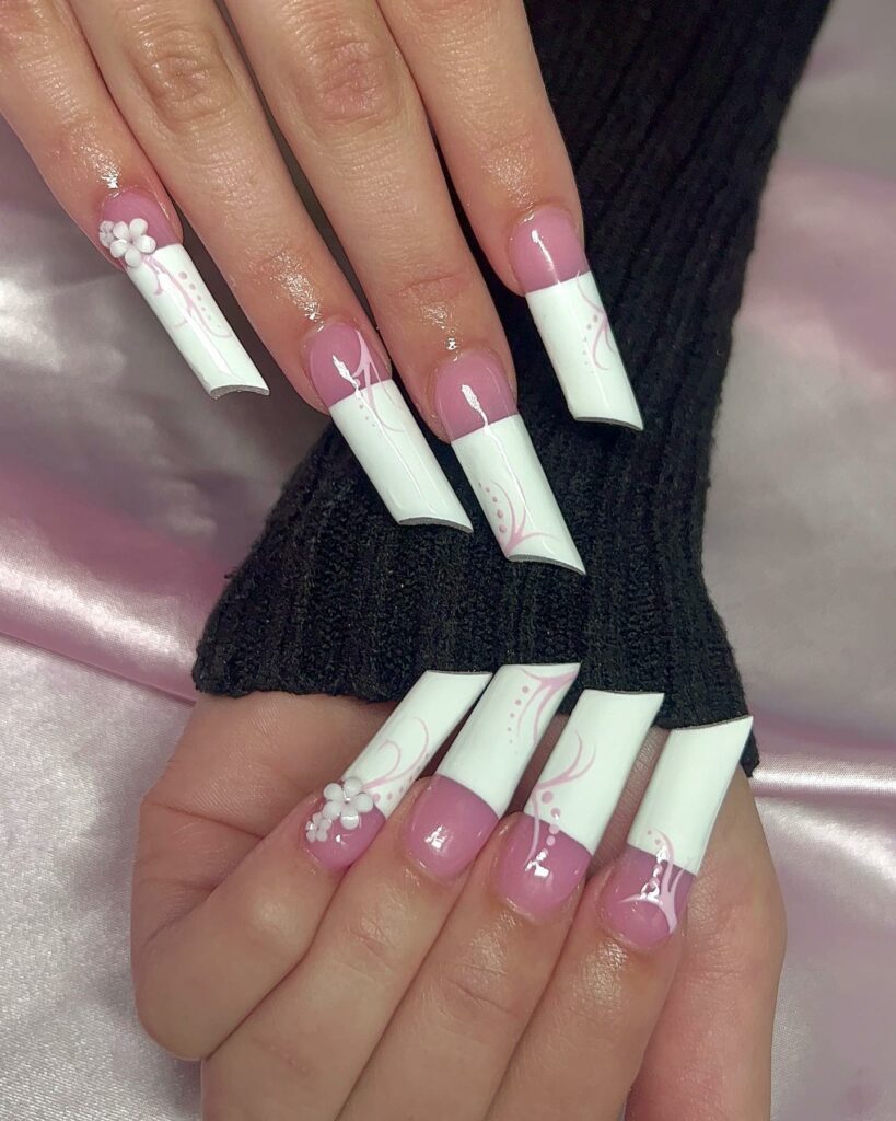 15 Latest Lipstick Shape Nail Ideas To Try In 2024! 17 White French Lipstick Nails Design With Flower