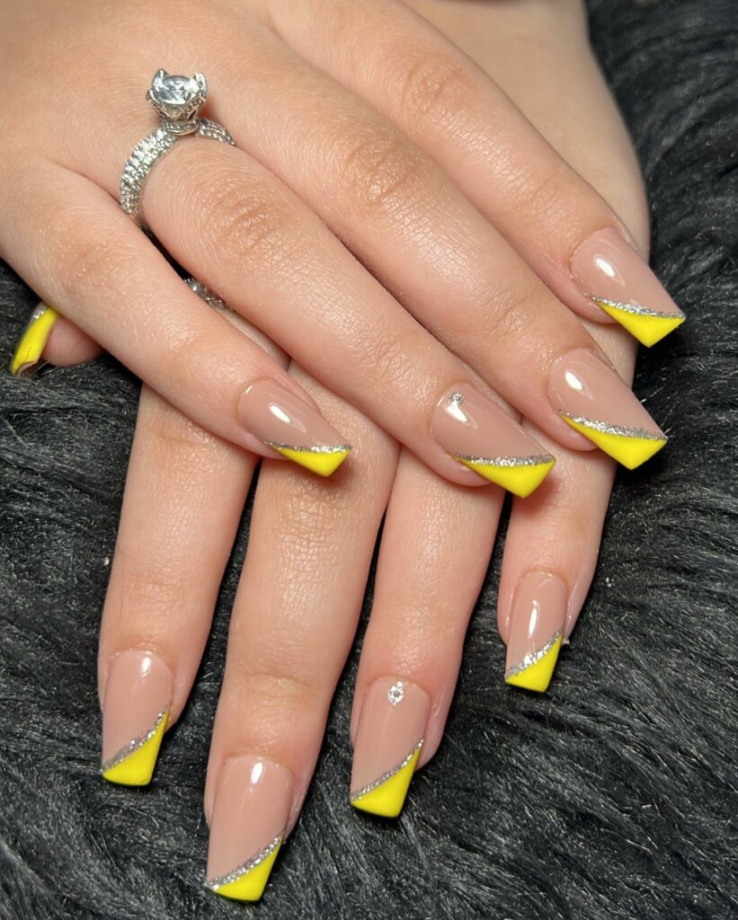 21 Latest Yellow French Tip Nail Designs To Try in 2024! 28 Side French Yellow Nails With Glitter