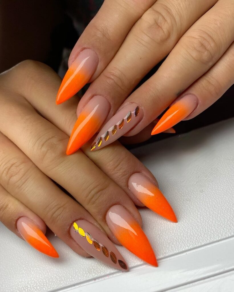 30 Latest Orange Ombre Nail Designs To Try In 2024! 16 Orange Ombre Stiletto Nails