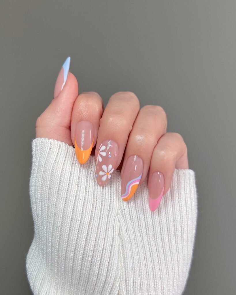 Feel Vibrant with 30 Pink And Orange Nail Designs in 2024 36 Pink And Orange French Nails With Swirls And Daisy Flower