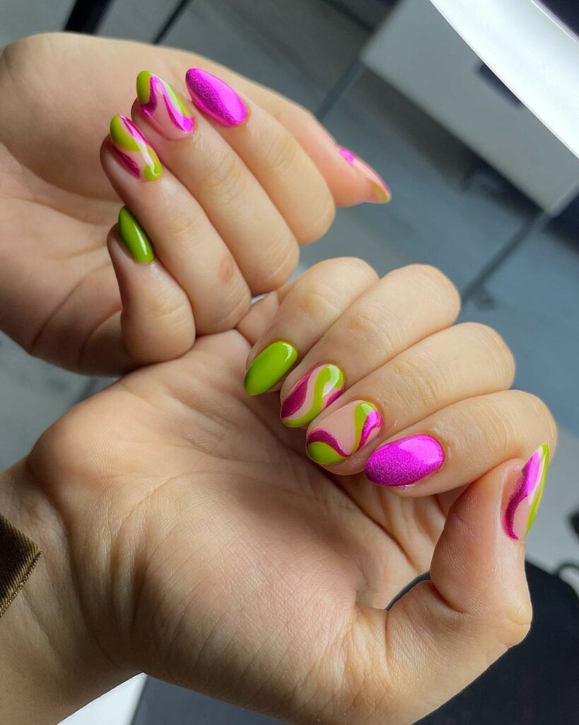 20 Latest Pink And Green Nail Ideas To Try In 2024! 16 Pink And Green Abstract Short Nails
