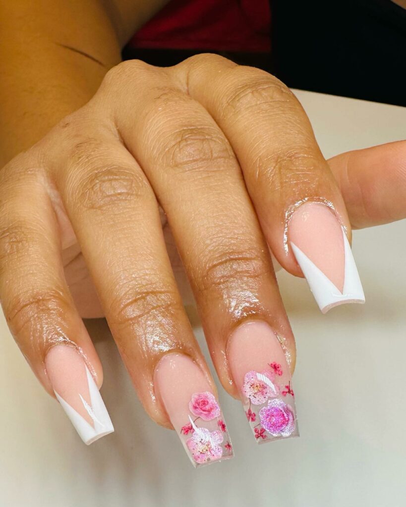 50 Latest V French Tip Coffin Nail Designs To Try In 2024! 27 Floral and Pink Designs