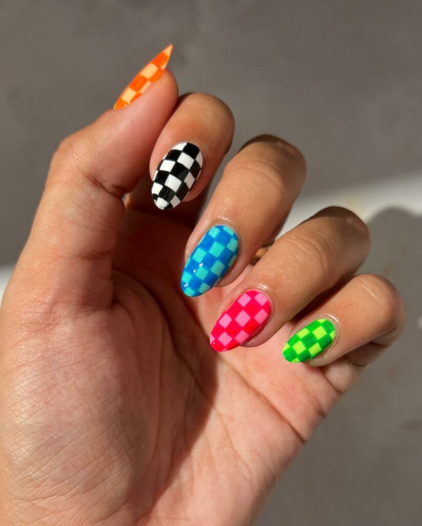 20 Latest Checkered Nail Designs To Try In 2024! 19 Multicolor Checkered Almond Nails