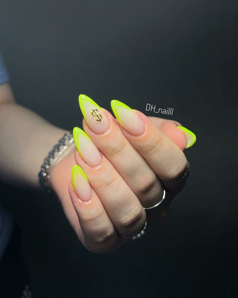 20 Latest Neon Yellow Nail Ideas To Try In 2024! 27 Neon Yellow V Tips With Dollar Sign Design