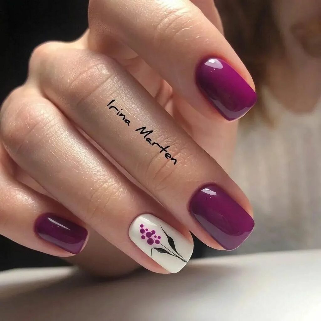 34 Latest Glossy Purple Nail Design Guides To Follow In 2024! 21 Short Dark Purple Accent Nails With Flower Design