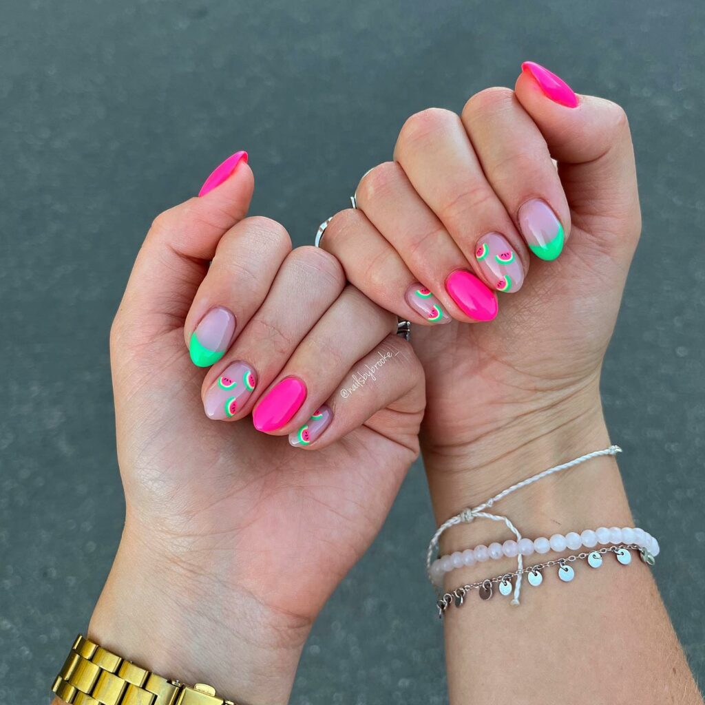 20 Latest Pink And Green Nail Ideas To Try In 2024! 17 Pink And Green Short Nails With Watermelon Design