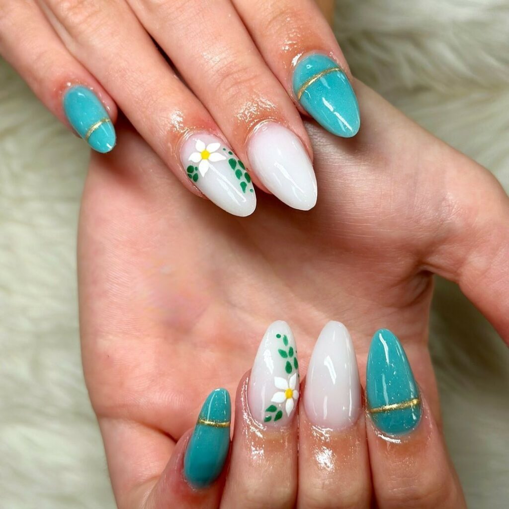 Dive into 60 Turquoise Nail Designs of 2024 29 Flower Power