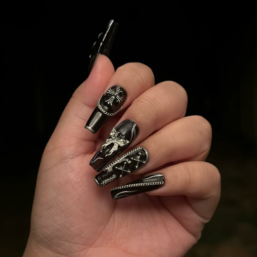 25 Latest Gothic Nail Ideas To Try In 2024! 28 Gothic Nails With Chain And Butterfly Design