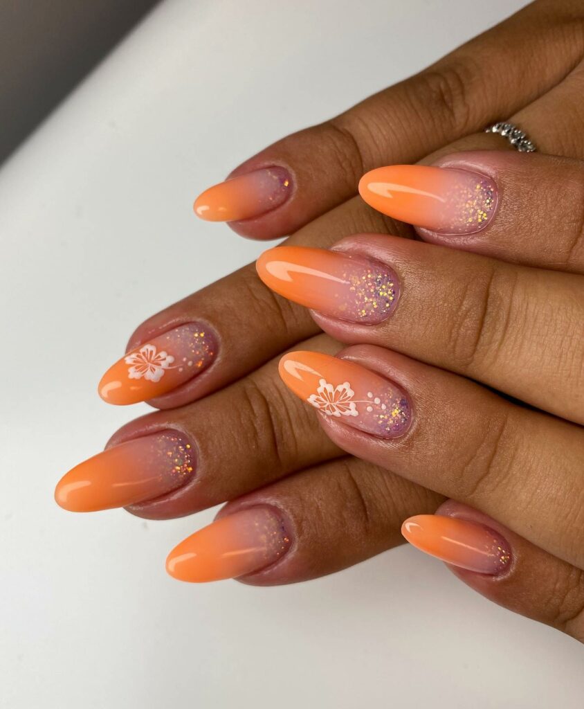 30 Latest Orange Ombre Nail Designs To Try In 2024! 42 Orange Ombre Nails With Flower And Glitter Design