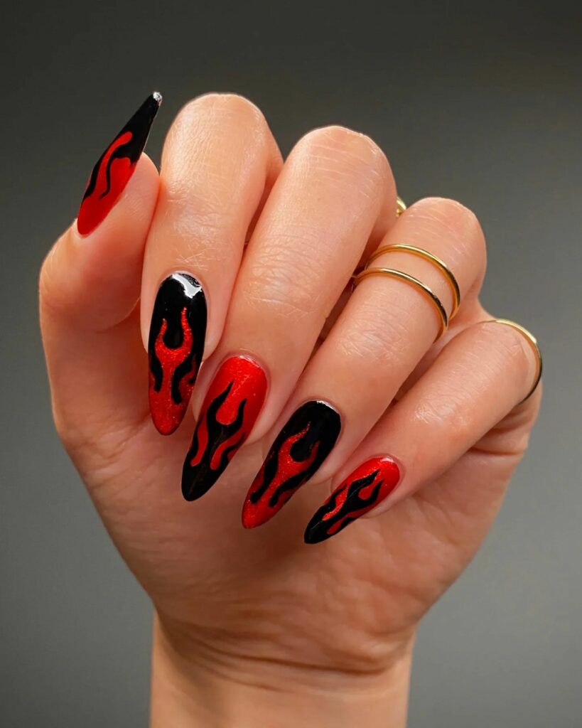 Express Yourself with 30 Emo Nail Designs in 2024 21 Black And Red Emo Nails With Flame