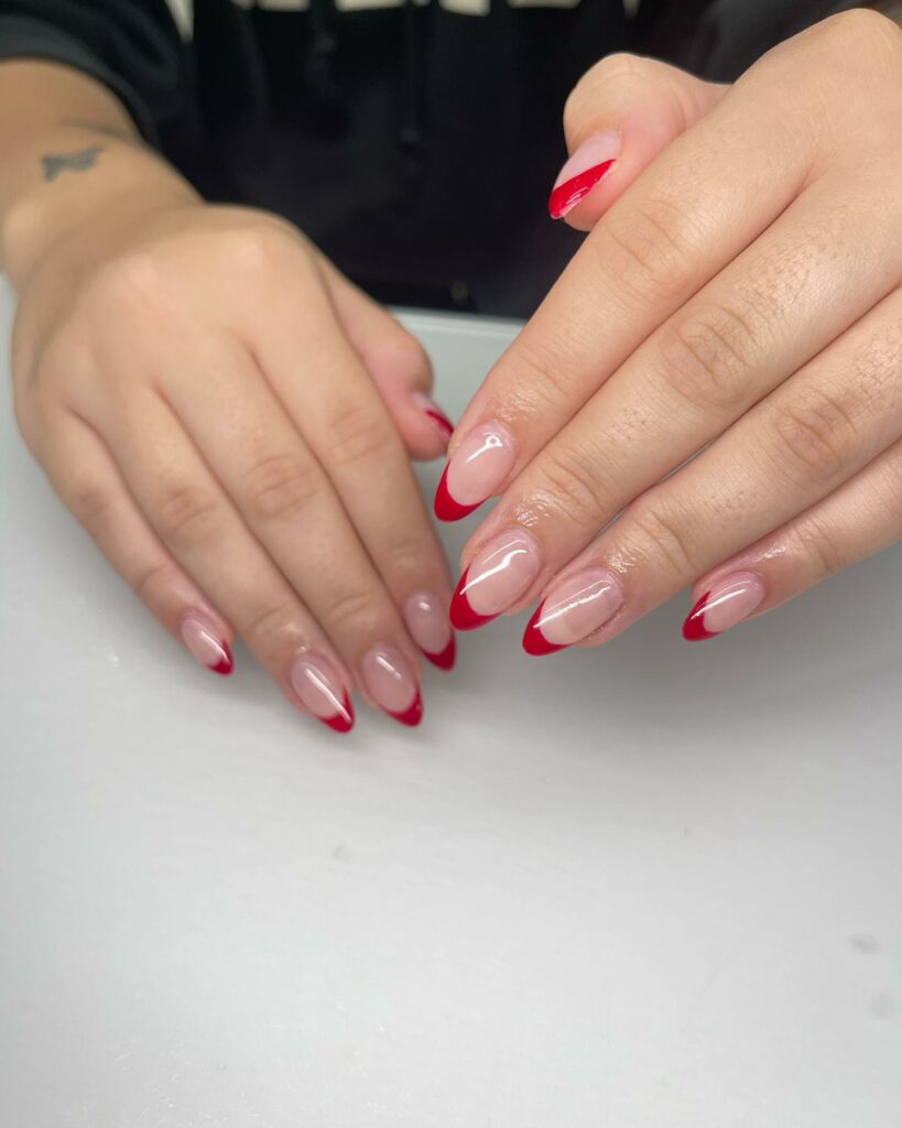 30 Latest Almond French Tip Nail Designs To Try In 2024! 18 Red French Tip Almonds