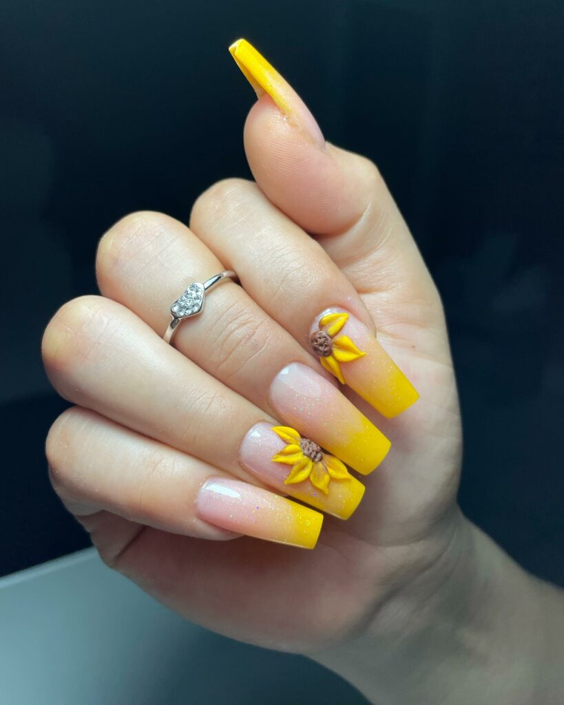 20 Latest Sunshine Nail Ideas To Try In 2024! 15 Sunshine Coffin Ombre Nails With 3D Sunflower Design