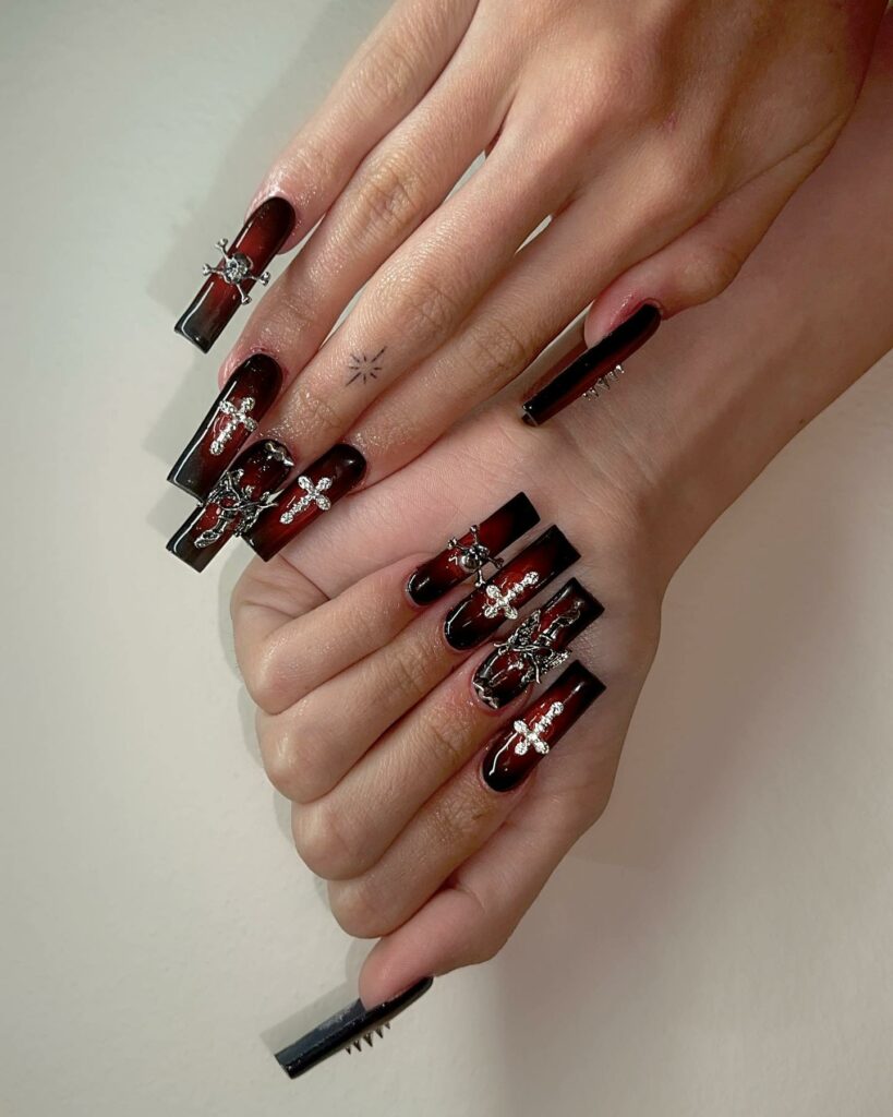 Express Yourself with 30 Emo Nail Designs in 2024 18 Ombre Emo Nails With Skulls And Cross Design