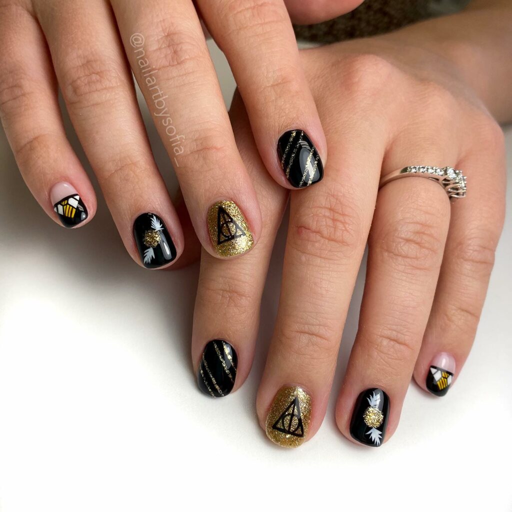 33 Latest Harry Potter Nail Ideas To Try In 2024! 37 Golden Snitch And Death Hollows Short Nails With Glitter