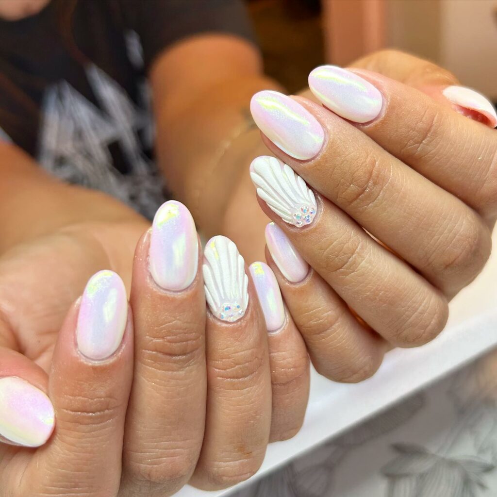 Admire 25 White Almond Nail Designs of 2024 46 Seashell Manicure And Pearl Details