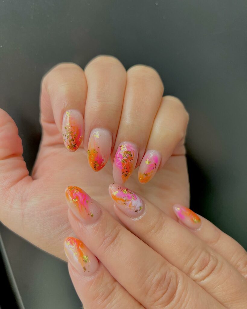 Feel Vibrant with 30 Pink And Orange Nail Designs in 2024 45 Pink And Orange Marble Nails With Gold Flakes