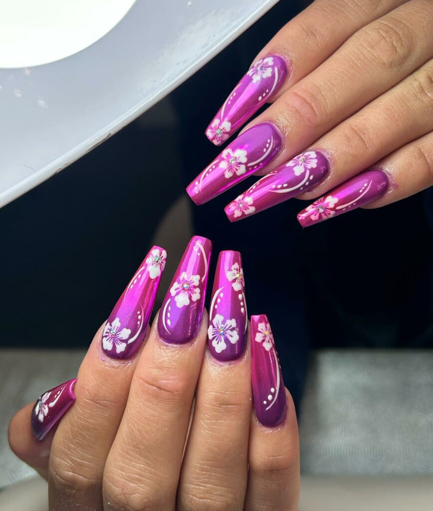 Explore 30 Purple Coffin Nail Designs in 2024 15 Metallic Purple Nail With White Flower Design