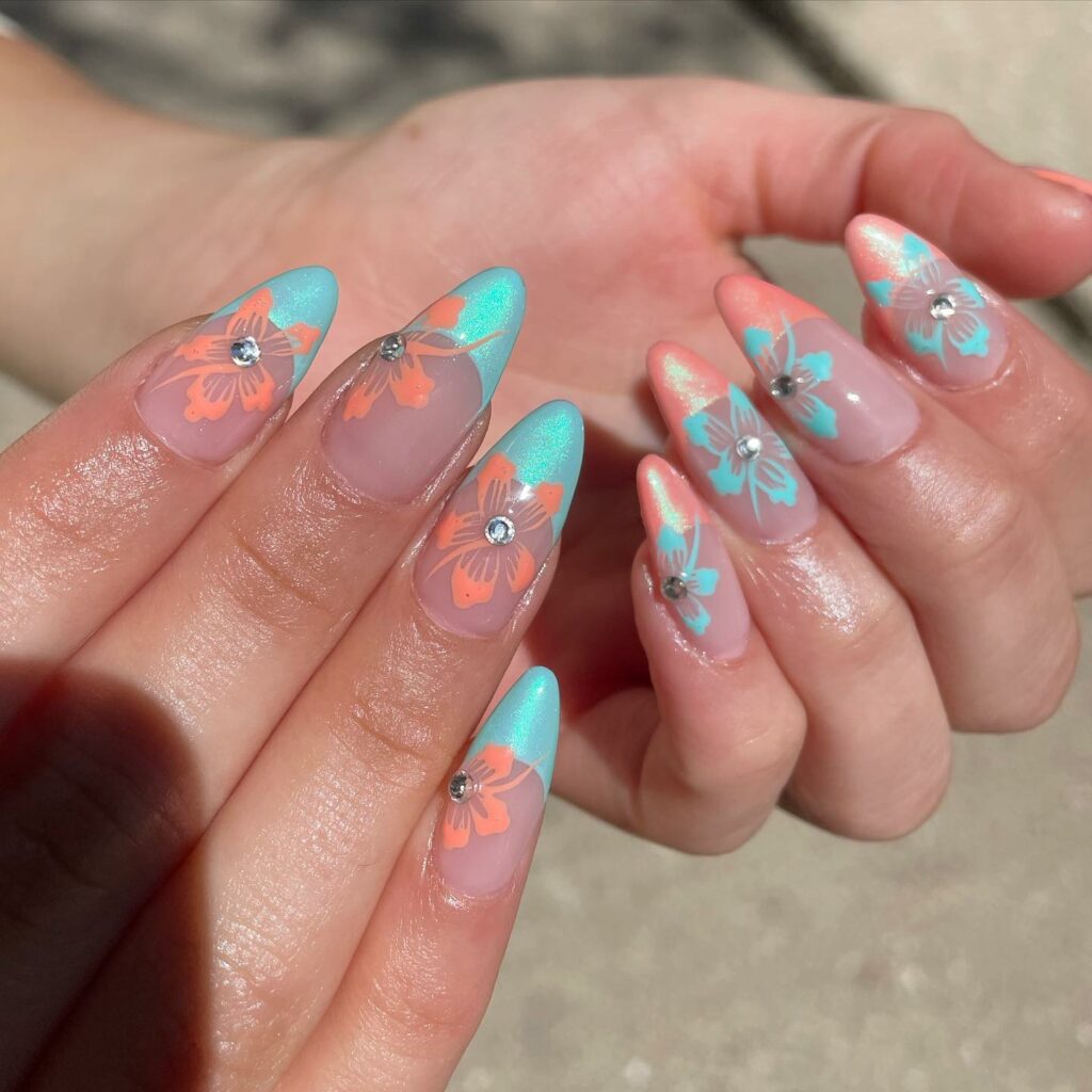 Dive into 60 Turquoise Nail Designs of 2024 66 Stiletto Nails With Floral Pattern
