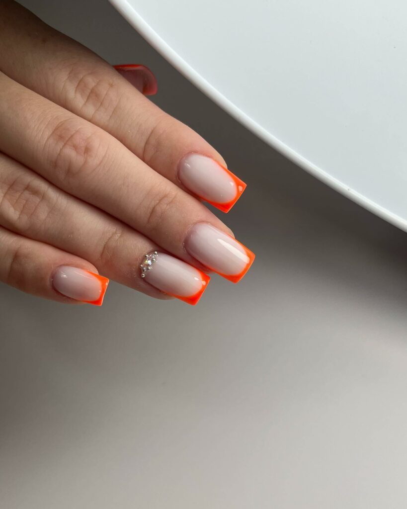 Bring Sunshine with 20 Orange French Tip Nail Designs in 2024 29 Thin Orange French Tip Square Nails With Rhinestones