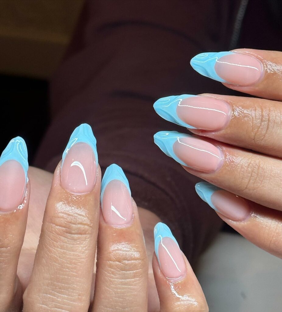 30 Latest Almond French Tip Nail Designs To Try In 2024! 25 Light Blue Skies Almond Tips