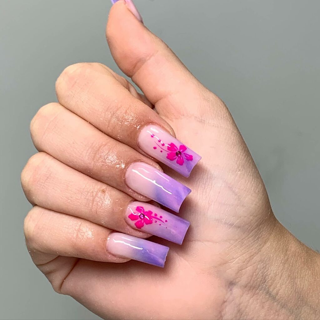 30 Latest Pink And Purple Nail Designs To Try In 2024! 36 Pink And Purple Marble Coffin Nails With Hibiscus Flower Design