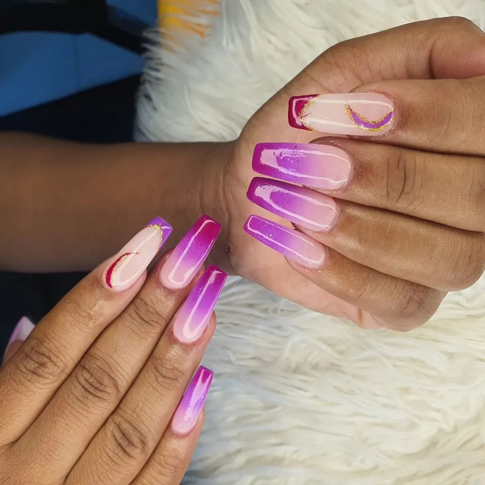 Explore 30 Purple Coffin Nail Designs in 2024 21 Purple Ombre Coffin Nail With Gold Glitters