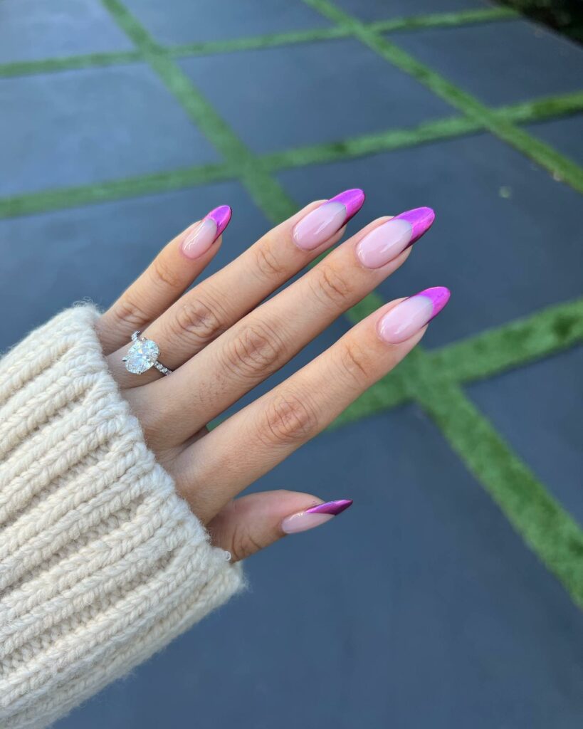 30 Latest Pink And Purple Nail Designs To Try In 2024! 17 Metallic Purple French On Pink Base Nails