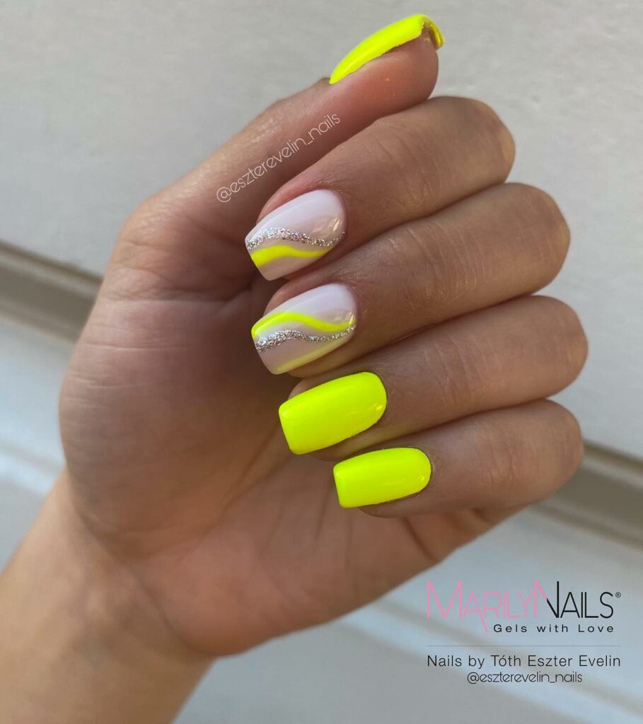 20 Latest Neon Yellow Nail Ideas To Try In 2024! 20 Square Neon Yellow Nails With Glitter Swirl Design