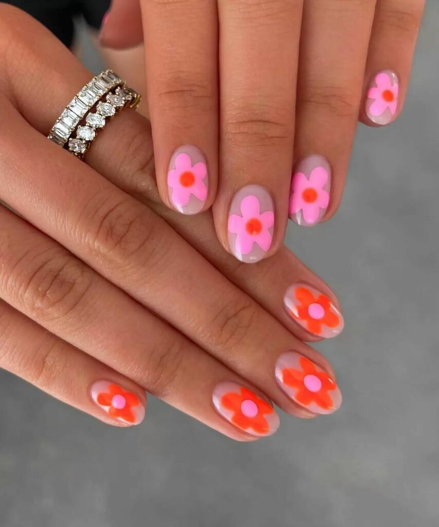 20 Latest Short Spring Nail Designs To Try In 2024! 20 Short Spring Abstract Nails With Flower Design