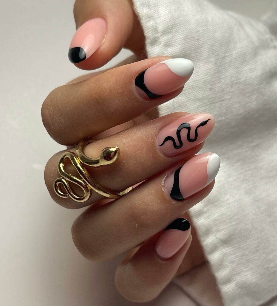 30 Latest Snake Nail Designs To Try In 2024! 26 White And Black French Nails With Snake Design