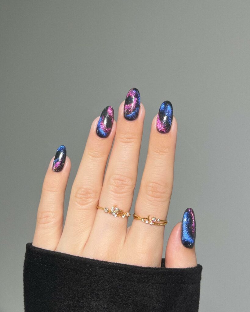 19 Latest Black Glitter Nail Designs To Try In 2024! 15 Black Nails With Pink And Blue Glitter