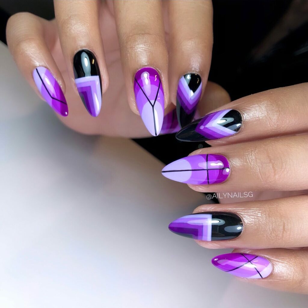 22 Latest Black And Purple Nail Ideas to Try in 2024! 17 Geometric Design Black And Purple Nail