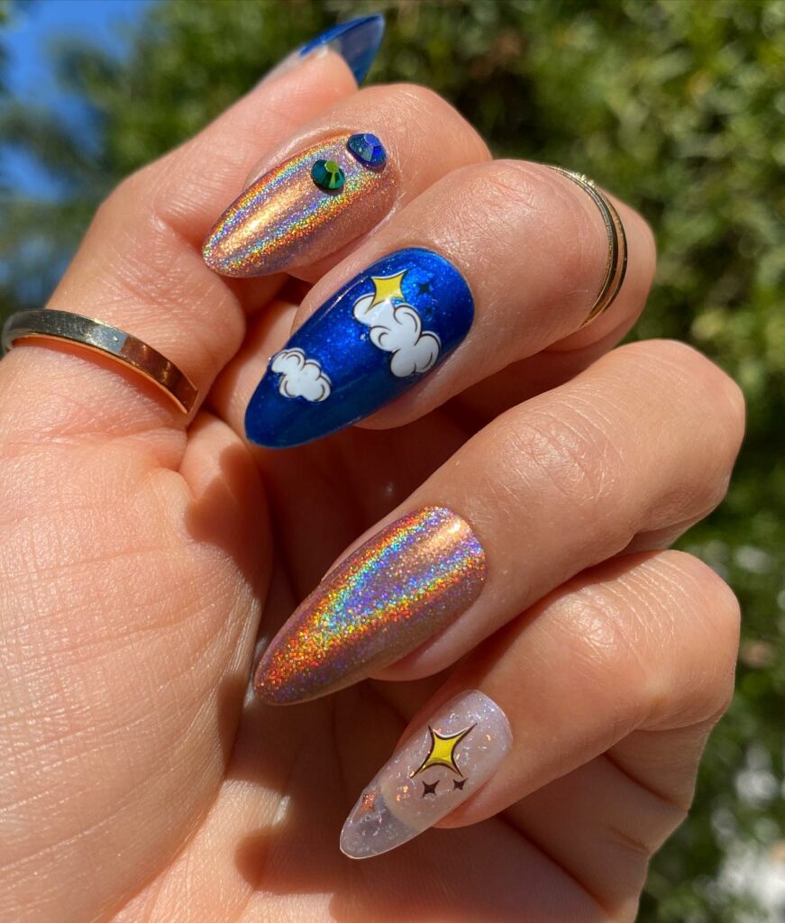 Shimmer with 30 Holographic Nail Designs in 2024 15 Copper Holographic Nail With Green And Blue Stone