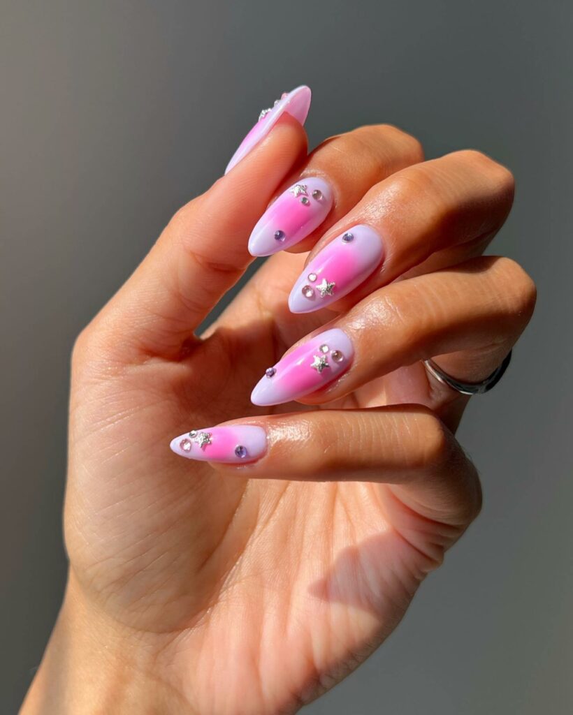 30 Latest Pink And Purple Nail Designs To Try In 2024! 18 Pink and Purple Aura Nails With Rhinestones
