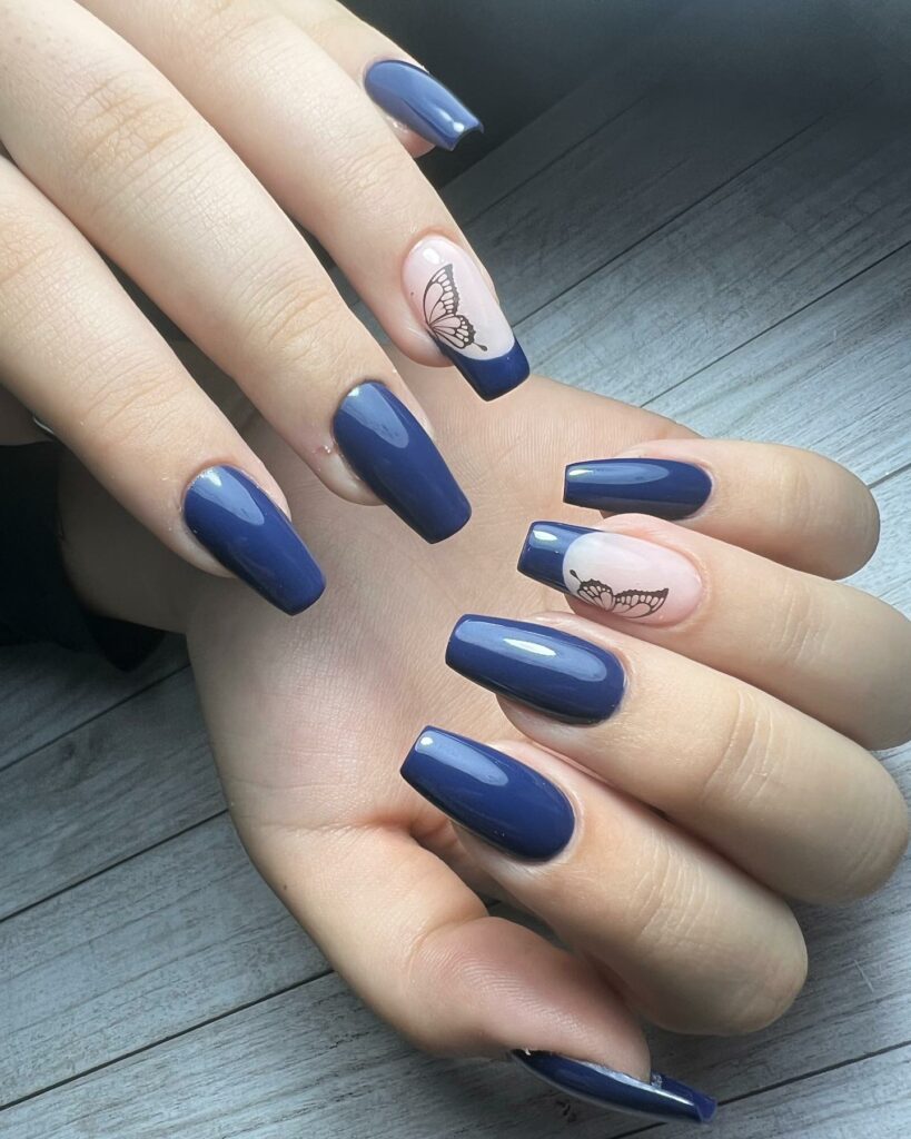 30 Latest Navy Blue Nail Designs To Try In 2024! 21 Navy Blue Acrylics and Butterfly Art