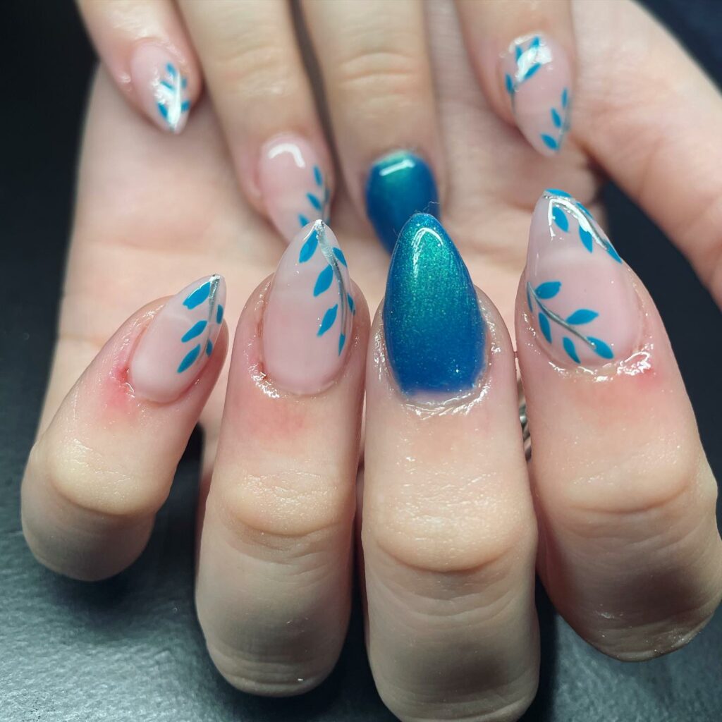 Dive into 60 Turquoise Nail Designs of 2024 41 Floral Almond Turquoise