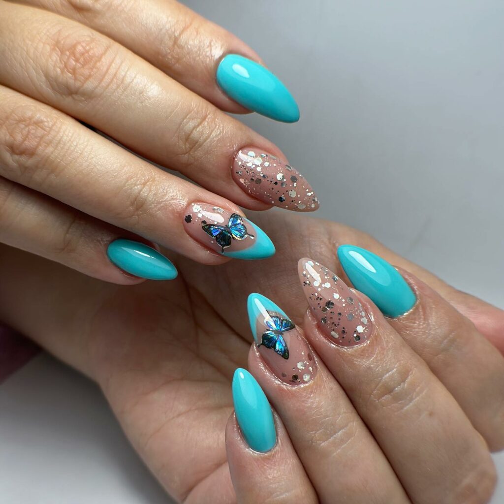 20 Latest Tiffany Blue Nail Ideas To Try In 2024! 17 Tiffany Blue Nails With Butter And Glitter Design