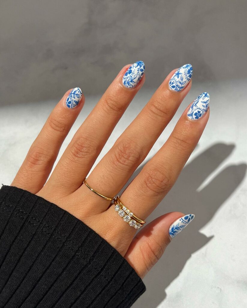30 Latest Blue And White Nail Ideas To Try In 2024! 17 Blue And White Short Round Nails With Porcelain Design