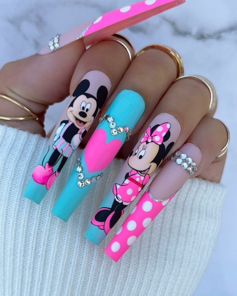 Embrace Childhood with 30 Minnie Mouse Nail Designs in 2024 29 Minnie And Mickey Mouse Long Coffin Nails With Stones