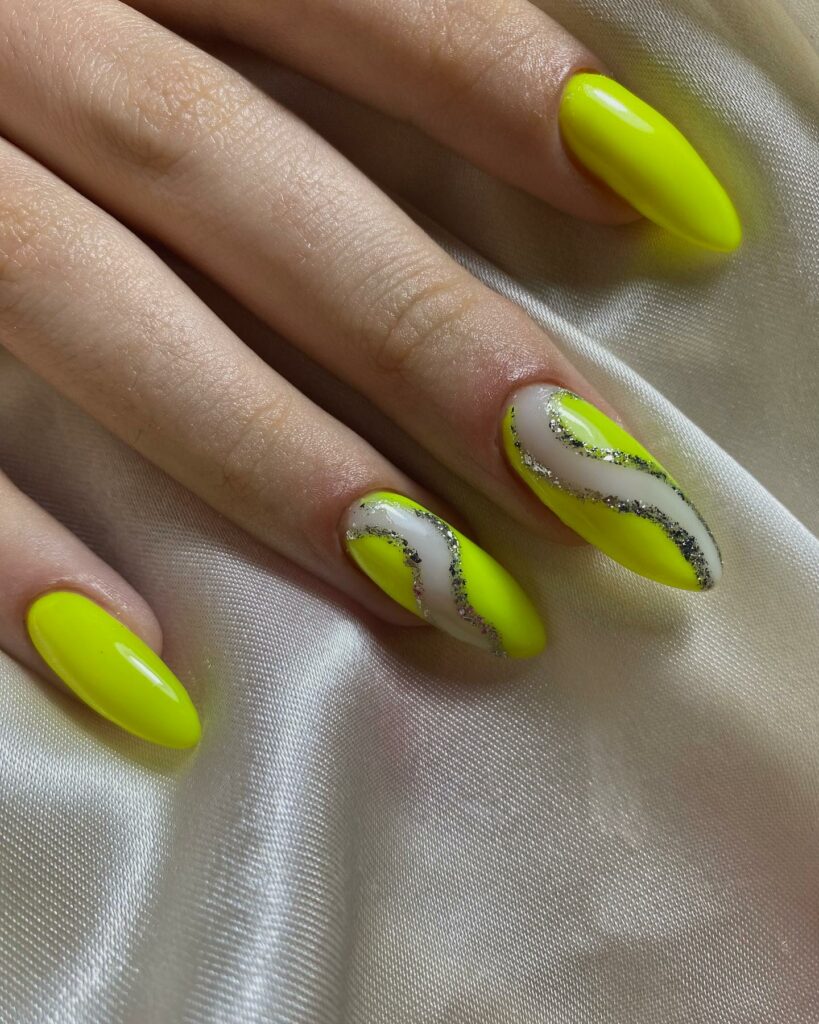 20 Latest Neon Yellow Nail Ideas To Try In 2024! 31 Abstract Neon Yellow Nails With Silver Glitter