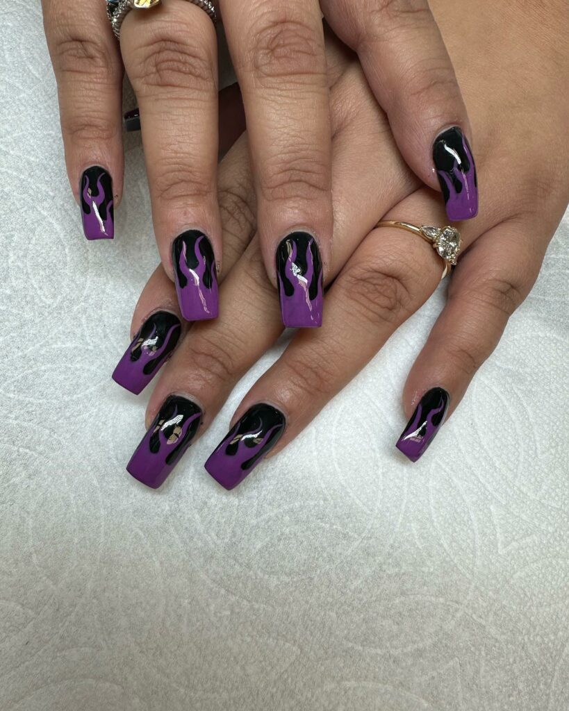 22 Latest Black And Purple Nail Ideas to Try in 2024! 48 Purple Flame On A Black Base Nail