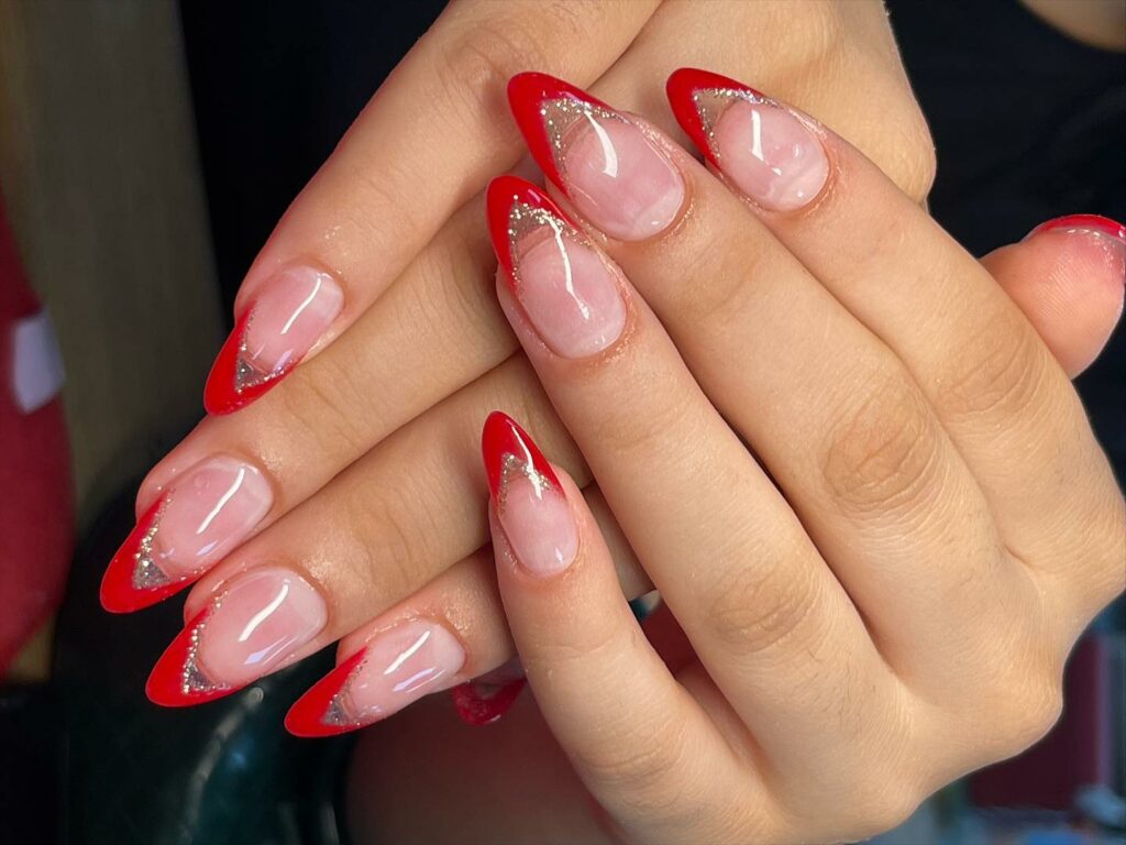 50 Latest V French Tip Coffin Nail Designs To Try In 2024! 37 Classy Red V Cut French Tip Nails