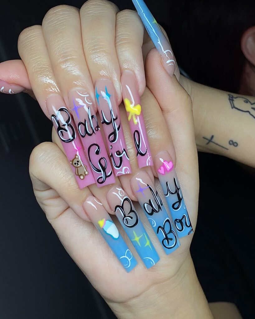 20 Latest Gender Reveal Nail Ideas To Try In 2024! 23 Gender Reveal Long Acrylic Nails