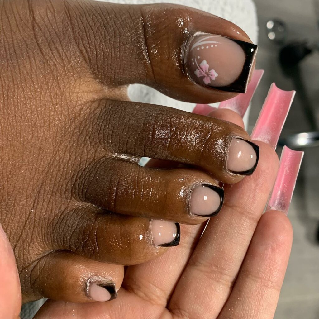 50 LATEST BLACK FRENCH PEDICURE IDEAS TO TRY IN 2024! 52 Black French With Pink Flower