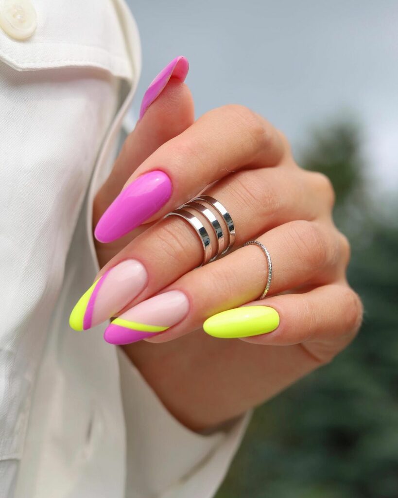 20 Latest Pink And Yellow Nail Ideas To Try In 2024! 18 Pink And Neon Yellow Abstract Nails