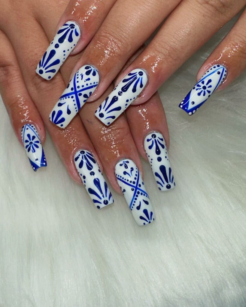 30 Latest Blue And White Nail Ideas To Try In 2024! 23 Blue And White Square Nails With Porcelain Design